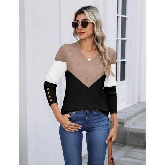 Womens V Neck Sweaters Shirts Long Sleeve Lightweight Ribbed Knit Pullover Sweat - Picture 3 of 6